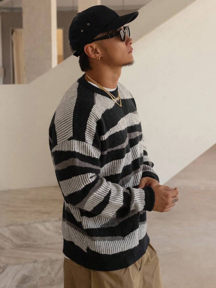 Multi-Color Textured Jacquard Knit Sweater For Men, Street Style, Autumn