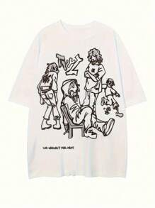 女式字母印花T恤，带有人物设计图案，女式上衣