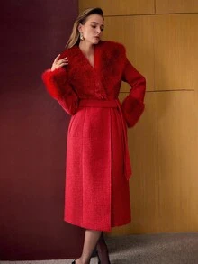 MOTF PREMIUM WOOL COLLAR TIED WAIST LONG COAT, AUTUMN/WINTER - Red - View 5