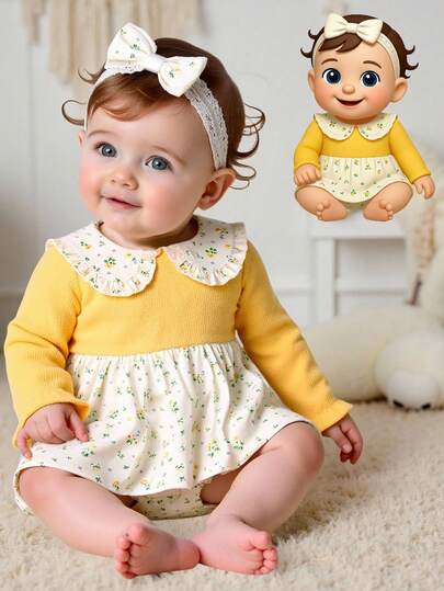 Souflis Souflis 女婴春秋新款碎花彼得潘领荷叶边下摆仿毛皮连体衣，黄色，前开襟，可爱时尚家居户外一体式服装。女婴连衣裙，黄色碎花女婴服装，春秋翻领女婴连衣裙，黄色女婴连体衣连衣裙，女婴连衣裙，彼得潘领