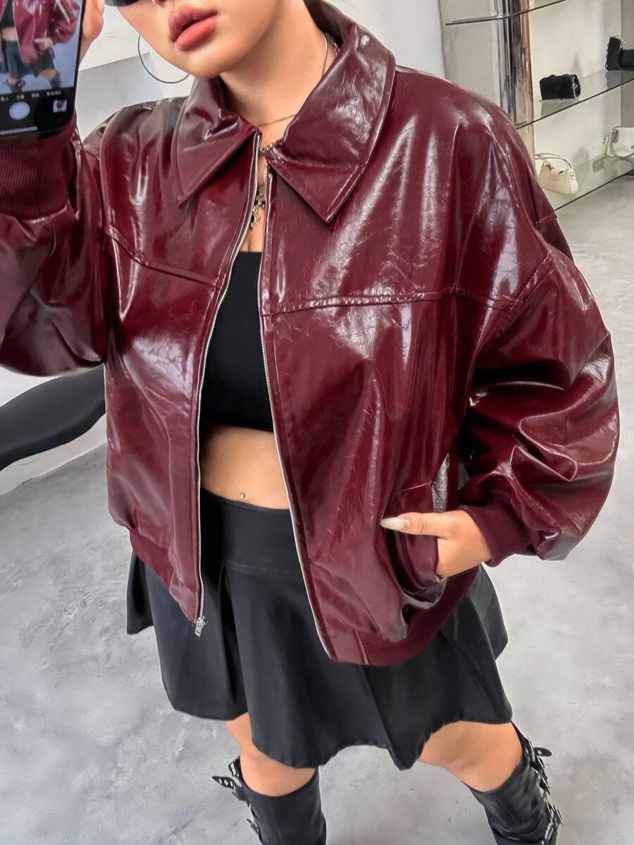 SHEIN EZwear جاكيت جلد جلد برغندي من البولي يوريثان بتصميم فينتاج للمقاسات الكبيرة، خريف/شتاء - عنابي اللون - مشاهدة 1