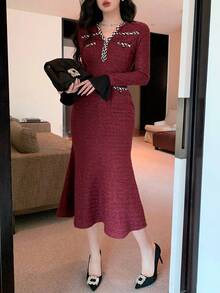 DAZY 女士优雅通勤缎带装饰中长连衣裙 红色女士礼服 舞会礼服 新年 - 酒紅色 - 查看 6