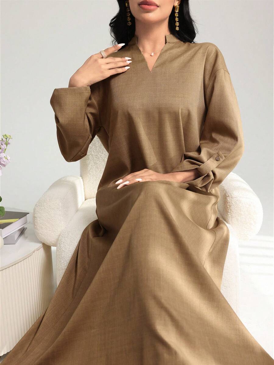 Al Najma Minimalist Commuter Turnup Sleeve Casual Arabic Style Dress - Khaki - View 1