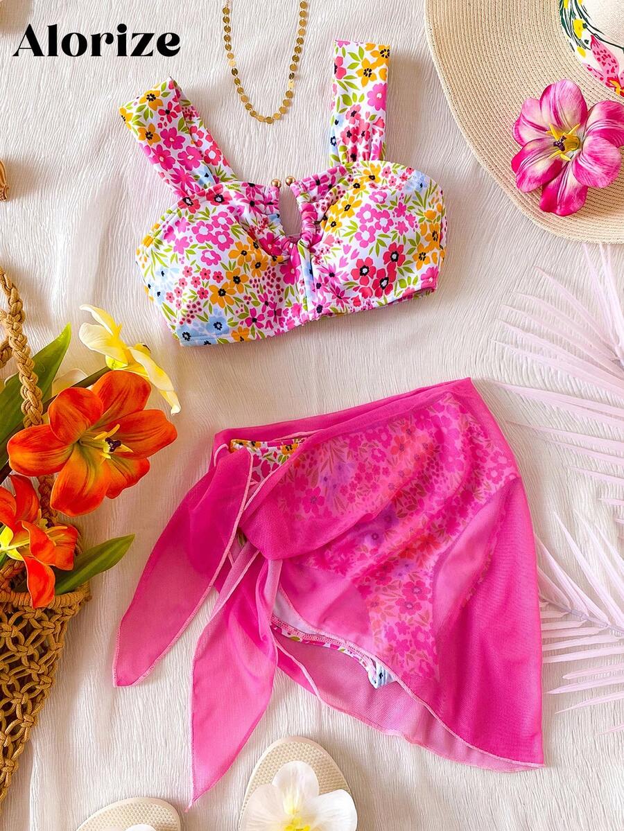 少女碎花泳衣，3 件套，包含泳衣上衣、三角比基尼泳裤和网眼裙，伊比沙岛服装