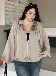 Dazy Plus Plus Size Women's Casual Loose Fit Jacket With Mandarin Collar, Textured Fabric, Pleated Cuffs, Zipper Closure, Versatile For Business And Leisure, Autumn - Olive Green - View 6