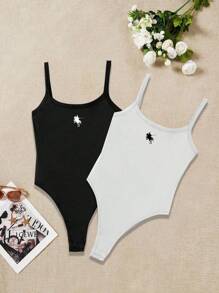 SHEIN EZwear 2 件套休闲简约马标志印花吊带紧身衣，夏季修身款 - 黑與白 - 查看 1