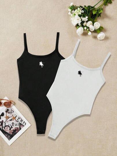 SHEIN EZwear 2件裝休閒極簡馬標誌印花細肩帶背心，修身剪裁，適合夏季，女款