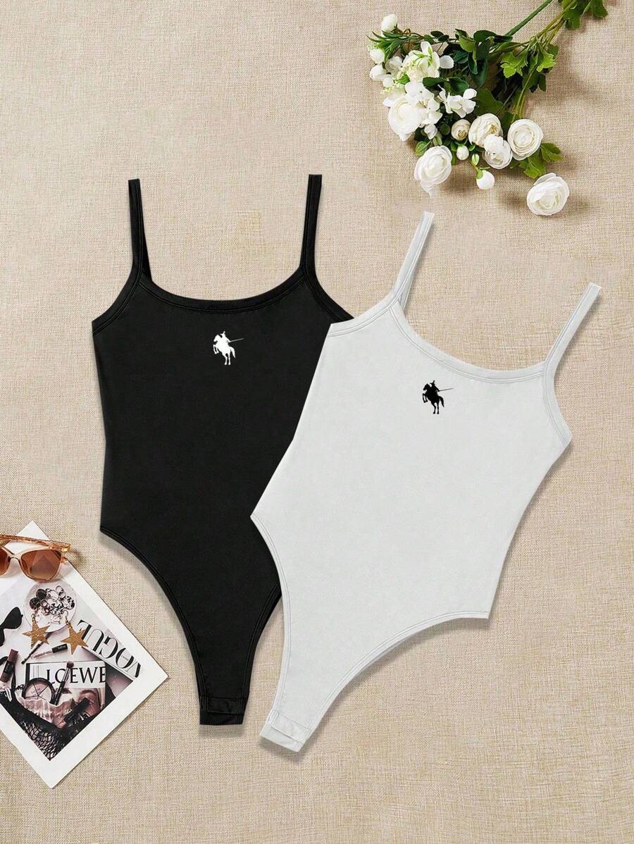 SHEIN EZwear 2 件套休闲简约马标志印花吊带紧身衣，夏季修身款 - 黑與白 - 查看 1