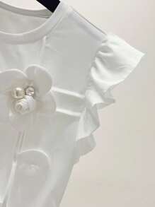 Franclia Pleated 3D Flower Cutout Short Cap Sleeve Casual Cute Vacation Style Women T-Shirt, Spring/Summer - White - View 6