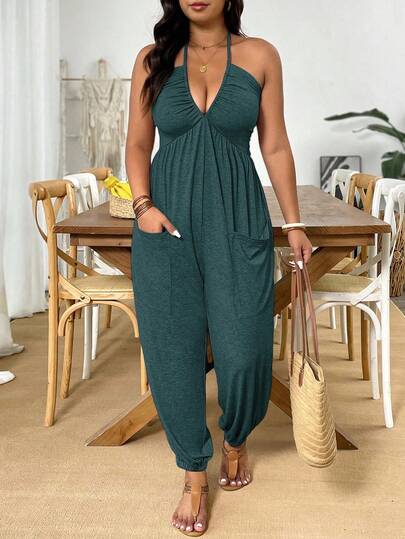 Weeklong Plus Size Dual-Tone Floral Print Soft Knit V-Neck Jumpsuit With Real Pockets, Relaxed Fit For Casual, Home, Travel & Vacation Halter Jumpsuit Women Jumpsuit Casual Jumpsuit Plus Size Halter Jumpsuit Summer Jumpsuit