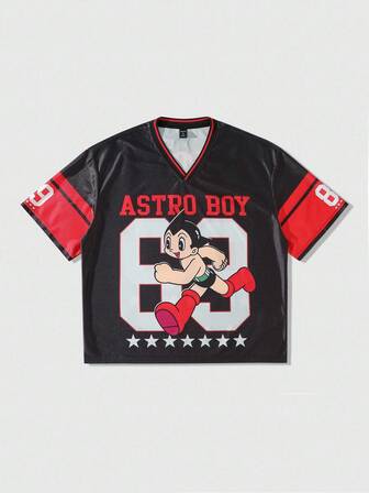 Astro Boy X ROMWE T-shirt à manches courtes d'été pour hommes, style décontracté, mode de rue, sportif, avec graphiques de dessins animés et lettres, col V, couleurs contrastées