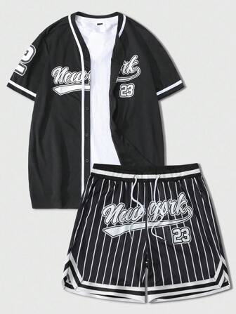 Street Life 2pcs Men's City Name Slogan Print Shirt & Sports Shorts Set