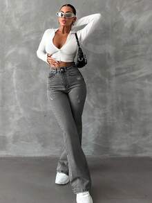 EURMUSE Women's High Waist Distressed Flare Long Jeans - Grey - View 3