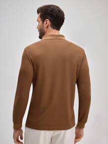 Officeau 1 pieza Camisa polo de manga larga con botón de cuarto casual para hombre, adecuada para primavera y otoño, para golf, dinero viejo de primavera a verano - Café integral - Ver 3