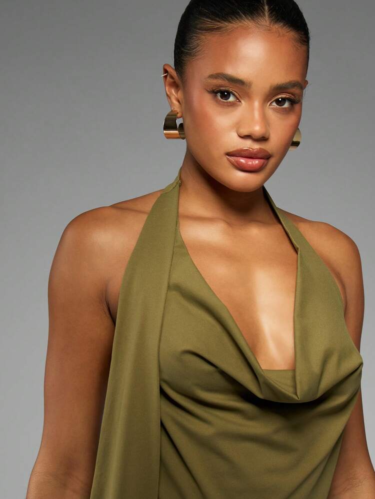 MISSGUIDED Luxurious Halter Neck Cowl Drape Maxi Dress Elegant Mermaid Evening Gown With Ruched Waist Detail Wedding Guest Formal Party Wear Fall Winter