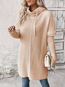 EMERY ROSE Áo len trùm đầu có dây rút 2 trong 1 màu trơn dành cho nữ, mùa thu - Màu Khaki - Xem 4