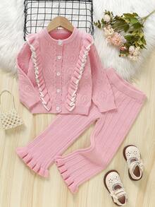 SHEIN Young Girls Casual Cute Pink Fairy Autumn Ruffled Knit Cardigan&Knit Pants Set,Soft Comfortable Outfit For Daily,Outdoor,Travel,Vacation,Fall Winter - Pink - View 2
