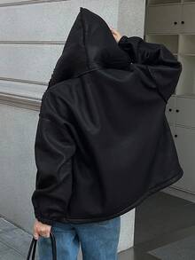 DAZY Áo khoác da PU giả lông cừu cỡ lớn có mũ trùm đầu thường ngày dành cho nữ - màu đen - Xem 3