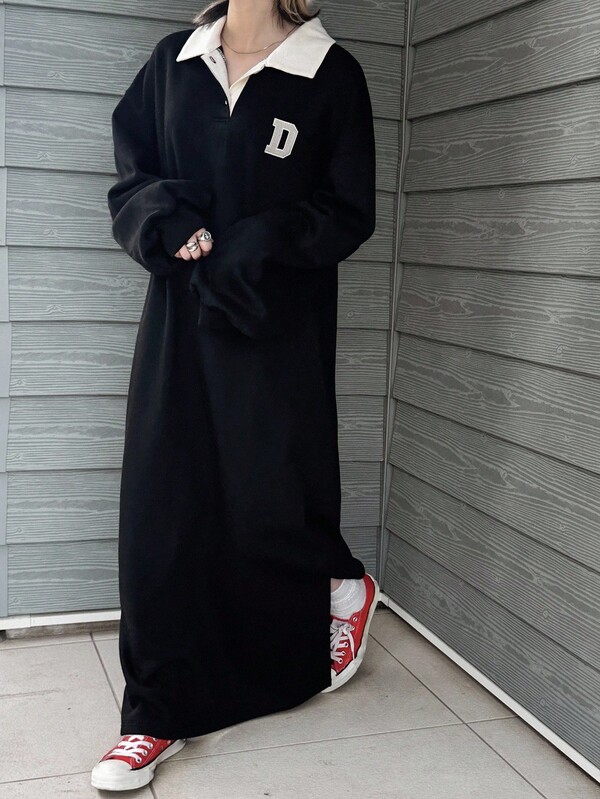 FRIFUL Women's Polo Neck Sweatshirt Dress, New Design Sense Elegant Contrast Color Letter Print Thickened Long Dress