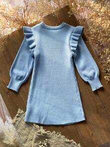 SHEIN Young Girls Baby Blue Ribbed Knit Sweater Dress,Long Sleeve Ruffled Round-Neck Casual Fairy Dress For School,Back-To-School,Autumn Winter Outfits - Blue - View 8
