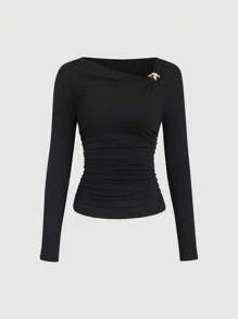 Sweetra Vintage American Design Asymmetrical Asymmetric Shoulder T-Shirt, Slim Fit Flattering Women's T-Shirt, New Autumn Collection Fall Cloth For Women - Black - View 1