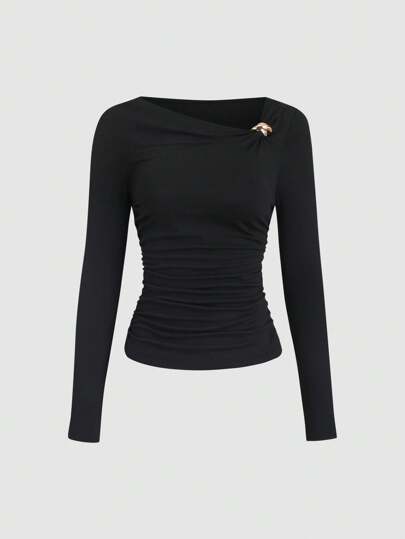 Sweetra Vintage amerikanisches Design asymmetrisches Schulter T-Shirt, schmeichelhaftes Slim Fit Damen T-Shirt, neue Herbstkollektion