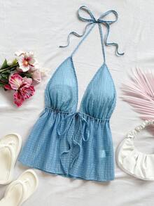 Soleia Áo crop top hở lưng hở lưng cho nữ có họa tiết dệt jacquard, trang phục đi nghỉ, màu hồng cánh sen - Màu xanh lam - Xem 5