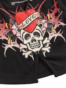 Y2Kool Wild Love Parte superior corta de estilo punk con cadena metálica en forma de corazón, cuello en V negro, estilo antiguo, tatuaje, espina, oscuro, punk, Halloween, Y2K, sexy, casual, estilo callejero, adecuado para verano, otoño, vacaciones, fiestas, reuniones, uso diario - Negro - Ver 5