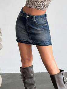 EURMUSE Low Rise Y2K Mini Denim Skirt, Fashionable And Suitable For Summer - Dark Wash - View 5