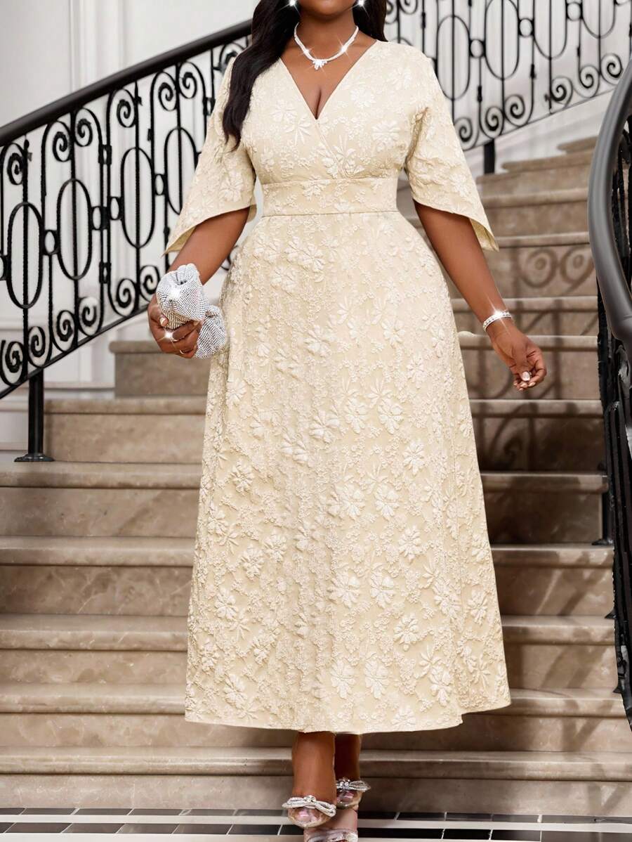 SHEIN Lady Spring And Summer Autumn And Winter Elegant Party Commuting Office Colorful Woven Notched Ball Gown Short Sleeve Kaftan Dress Plus Size Dresses Cream Dress Plus Size Floral Plus Size Dress - Multicolor - View 1