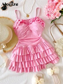 Costume da bagno intero per ragazze adolescenti, colore rosa tinta unita con volant, abbigliamento casual da resort