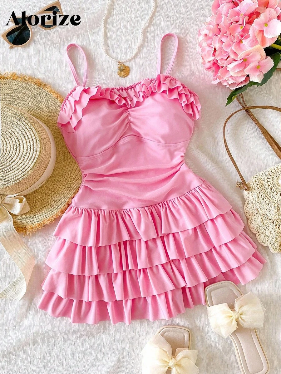 Costume da bagno intero per ragazze adolescenti, colore rosa tinta unita con volant, abbigliamento casual da resort