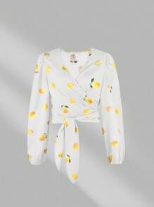 INAWLY Vacation Casual Lemon Print Drawstring Wrap Lantern Sleeve Shirt Fall Cloth For Women - Yellow - View 3