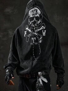 ROMWE MEN Street Life Men's Dark Style Skull Print Zip-Up Hoodie Jacket, Fall - Black - View 3