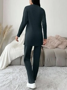 EURMUSE Conjunto de 2 piezas de algodón de color liso con top y pantalones - Verde Oscuro - Ver 2