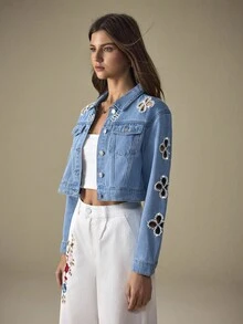 Selenza Floral Hollow-Out Pearl Decor Women Denim Jacket - Medium Wash - View 4