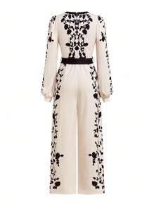 Ellevyn 女式 V 领长灯笼袖卡其色黑色花卉印花腰部修饰直筒连体裤，优雅日常穿着，秋冬 - 彩色 - 查看 2