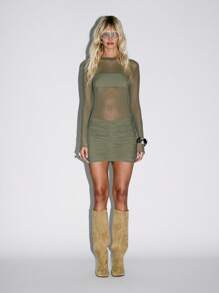 KIZN Mesh Long Sleeve Ruched Mini Dress See Through Party Club Dress Sheer Overlay Bandeau Top Gathered Skirt Fashion Statement Bodycon Evening