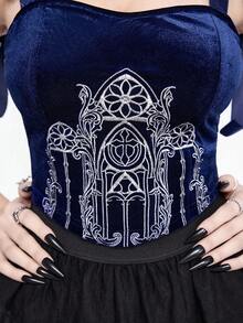 ROMWE Gothic Palace Style Vine & Church Decor Lace-Up Corset Bustier For Women, Halloween