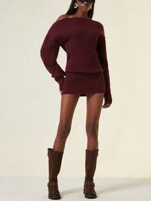 Autumn/Winter New Slouchy Elastic Fitted Off Shoulder Sweater Dress Fall Cloth For Women - Burgundy - View 5