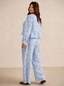 Elaquor Plus Size Women Casual Striped Bow Print Tie Front Top & Pants 2 Pieces Set - Blue - View 2