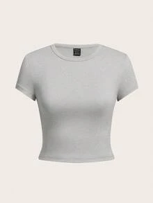 SHEIN EZwear Bộ 4 áo thun bodycon cổ tròn tay ngắn cho nữ, mặc thường ngày mùa hè - Nhiều màu - Xem 8