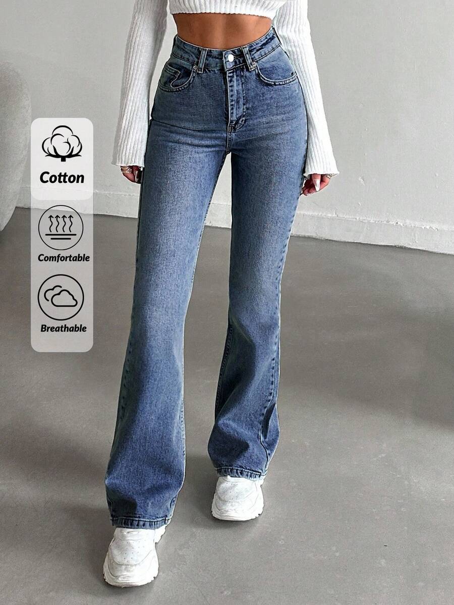 EURMUSE 98%纯棉女式修身喇叭牛仔裤 - 中等水洗藍 - 查看 1