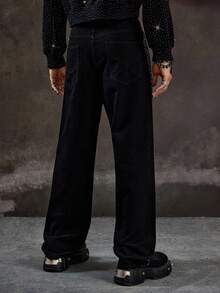 ROMWE MEN Street Life Men's Rhinestone Embellished Pocket Wide Leg Loose Jeans - Black - View 2