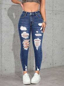 SHEIN PETITE Jeans ajustados informales y versátiles con bolsillos y desgaste para mujeres - Azul lavado oscuro - Ver 6