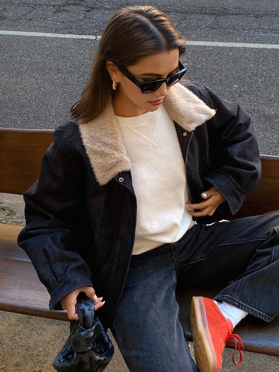Livesso 女士撞色毛领宽松休闲棉服外套 - 藏蓝色 - 查看 1