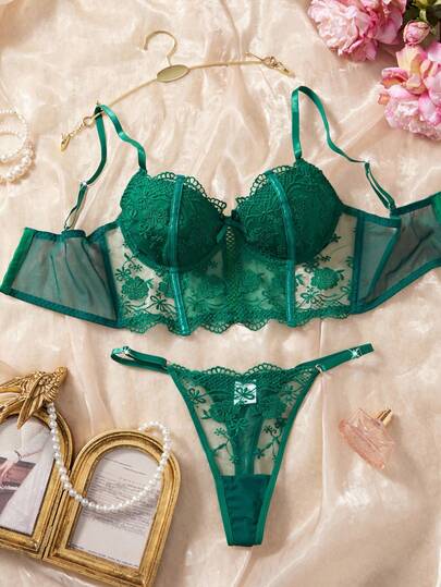 Wit Romantic Long BH Lingerie Set Butterfly Kanten Groen