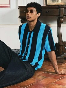 Manfinity VCAY Men's Striped Short Sleeve Single-Breasted Casual Knit Top, For Fall, Winter - Blue - View 2