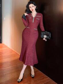 DAZY 女士优雅通勤缎带装饰中长连衣裙 红色女士礼服 舞会礼服 新年 - 酒紅色 - 查看 1