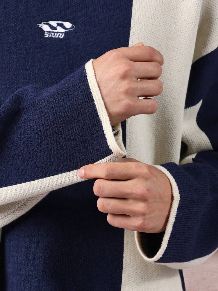 SUMWON Retro Color Block Knit Polo Collar Sweater Winter Classic Long Sleeve Preppy Textured Ribbed Casual Pullover Two Tone Oversized Loungewear Plain